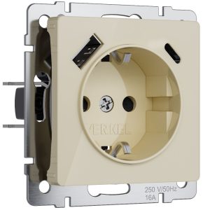 Розетка встраиваемая Werkel с заземлением, шторками и USB тип A+C Айвори W1171743