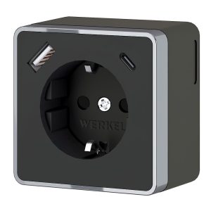 Розетка накладная Werkel Gallant с заземлением, шторками и USB тип A+C Черный / Хром W5071735
