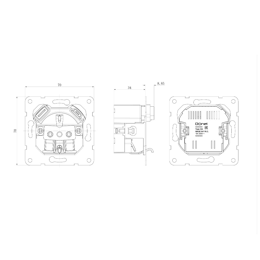 Розетка встраиваемая Donel R98 Metal с заземлением, шторками и USB тип A+C Никель DA15500-DA222NB — изображение 6