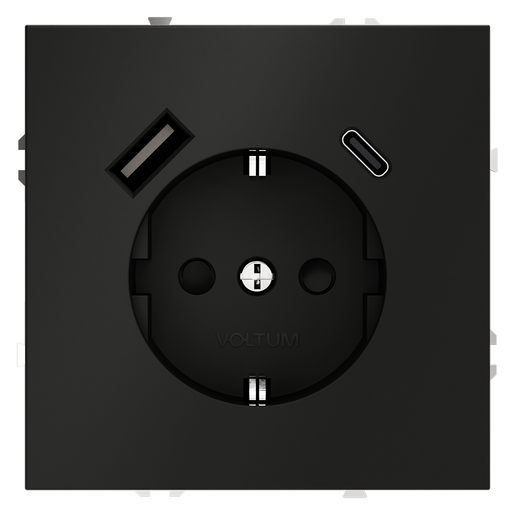 Розетка встраиваемая Voltum S70 с заземлением, шторками и USB A+C Черный матовый VLS040508