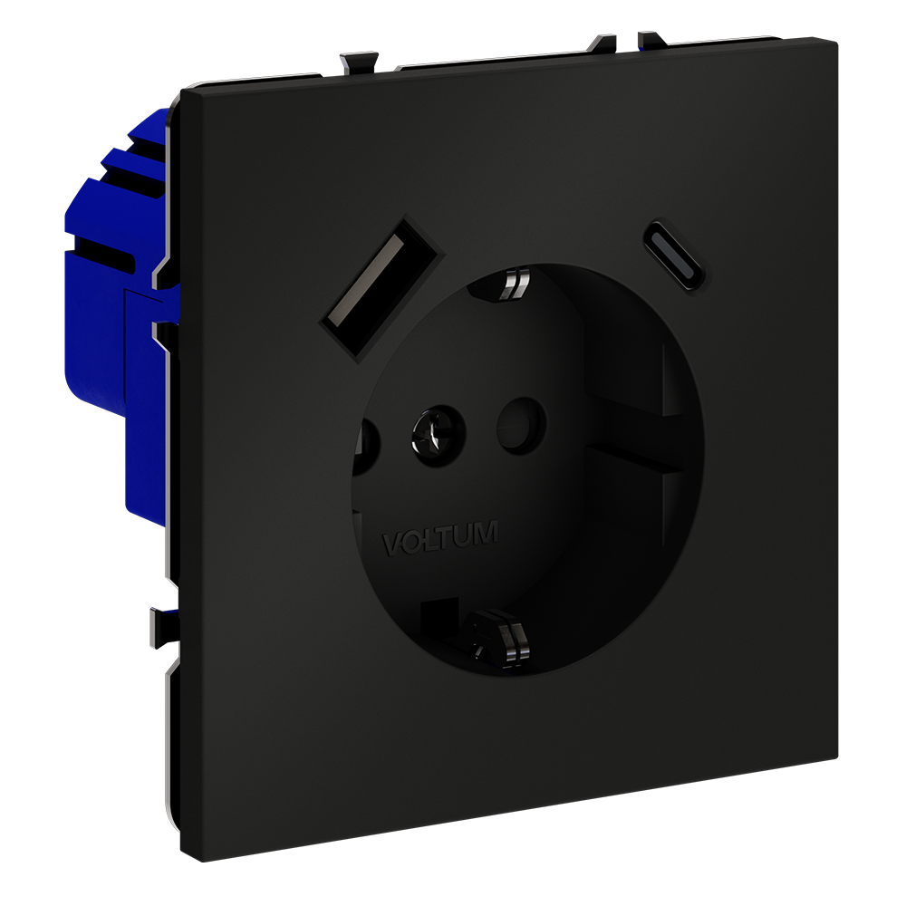 Розетка встраиваемая Voltum S70 с заземлением, шторками и USB A+C Черный матовый VLS040508 — изображение 2
